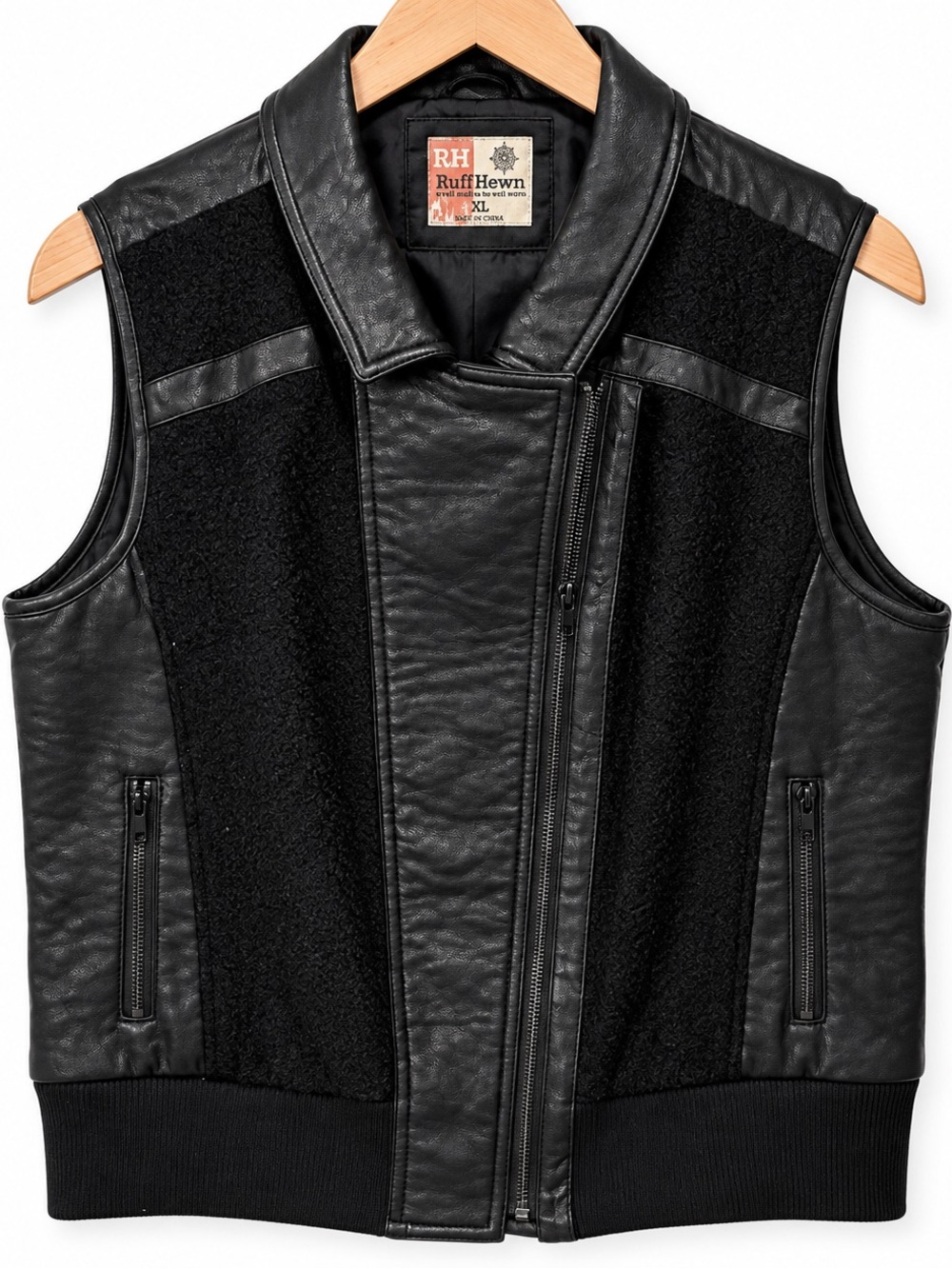 Ruff Hewn NWT Black Faux Leather Wool Moto Vest Zip Front Size XL